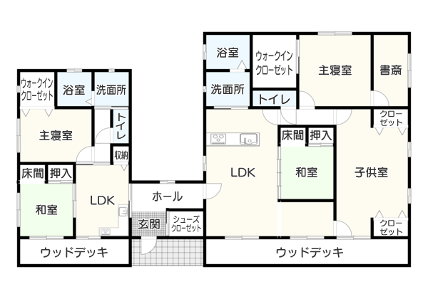 二世帯住宅の「コの字型」平屋間取り（5LDK・50坪）