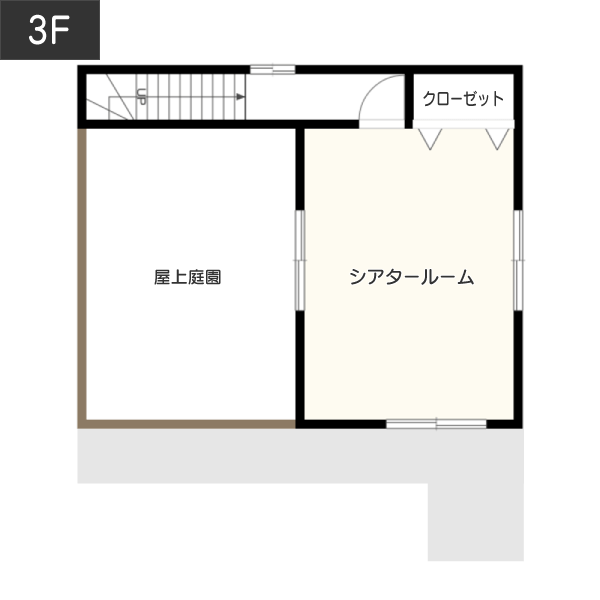 【35坪】屋上庭園横にシアタールームがある間取り例3F