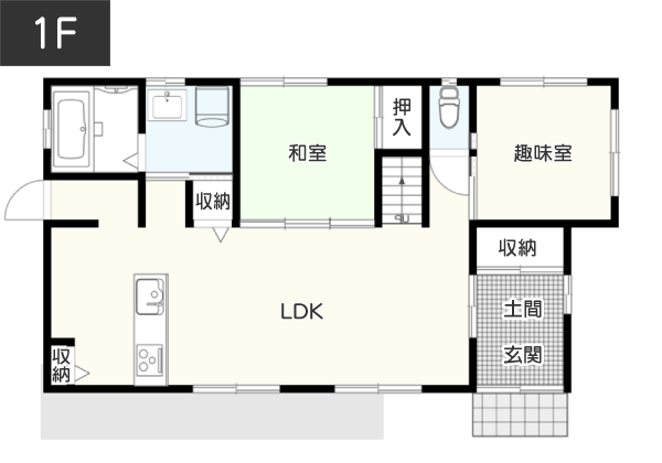 【35坪台】LDKと一体になった和室がある間取り例 1F