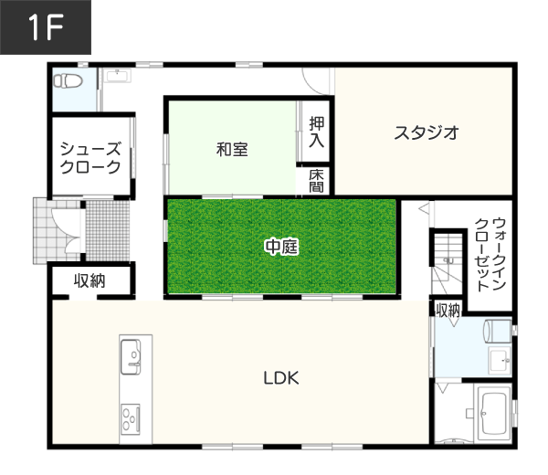 【50坪台】旅館のような畳の寝室がある間取り例 1F