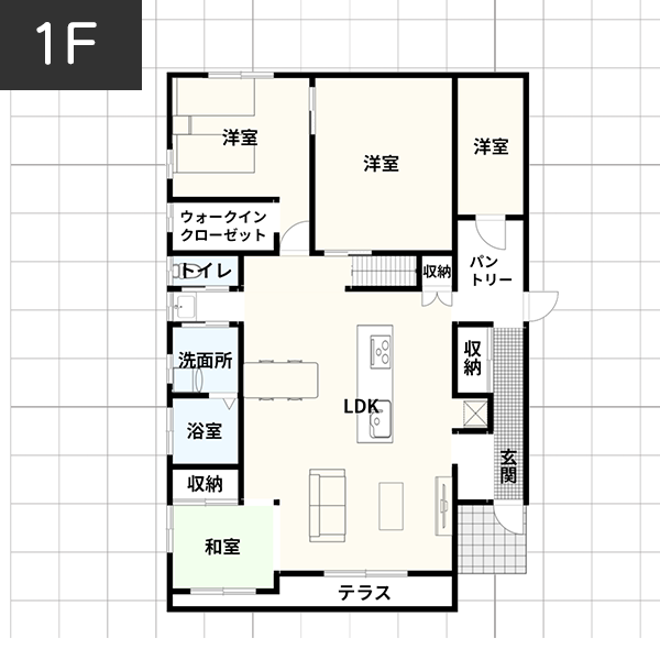【35坪の場合】ライフスタイルにあわせ部屋の間取りを変えられる家 間取り例