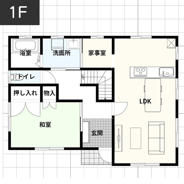 【35坪の場合】家事動線を考え効率的に家事を行える家 間取り例