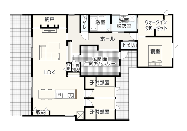 【延床面積37坪・3LDK】玄関土間を囲む個性的な間取りイメージ