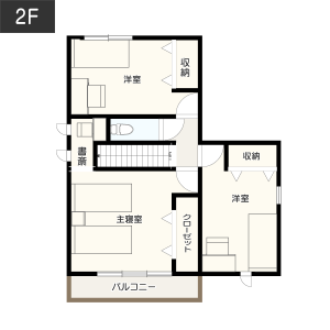 3-3.主寝室内に書斎を設けた3LDKの間取り２階イメージ