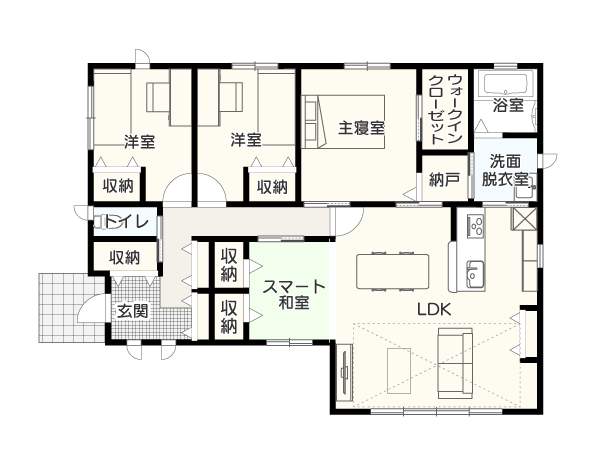 3-4.平屋建て・吹き抜けリビングのある3LDKの間取りイメージ