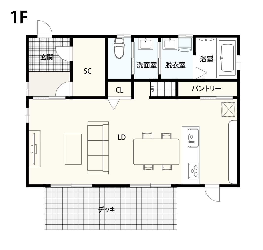 2階建て1LDKの間取り1F