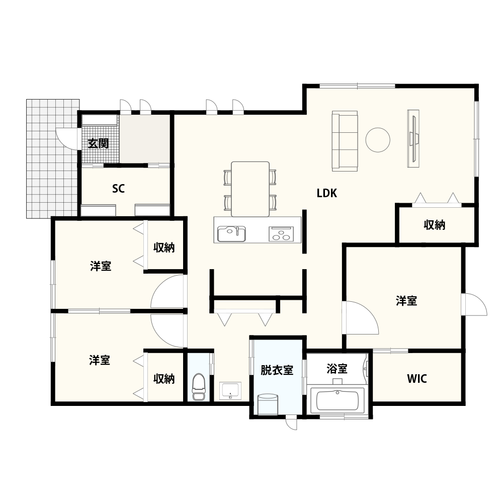 4人家族におすすめのゆとりある3LDKの平屋間取り