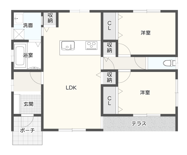 【20坪】自然とリビングに集まれる2LDK平屋間取り