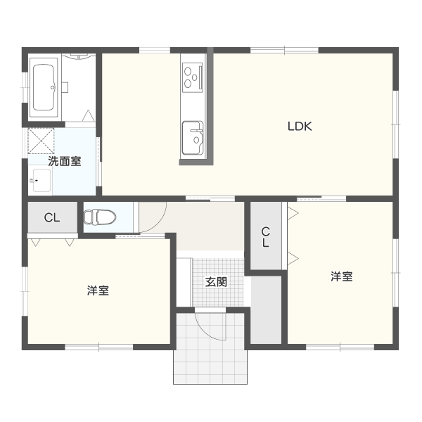 【19坪】スムーズな動線で家事の負担を軽減した2LDK平屋間取り