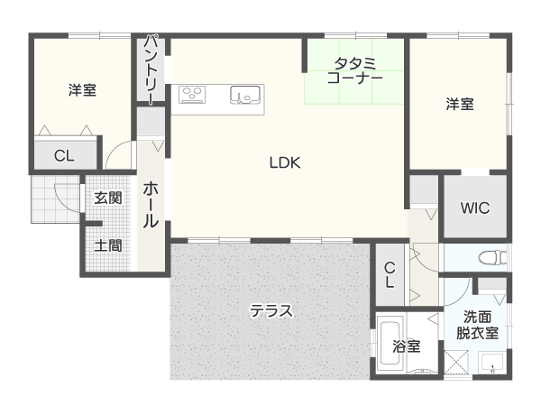 【30坪】リゾートのようなアウトドアリビングがある2LDK平屋間取り