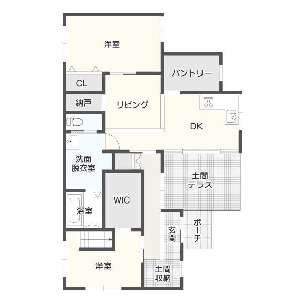 【28坪】プライバシーと十分な収納を確保した2LDK平屋間取り1階