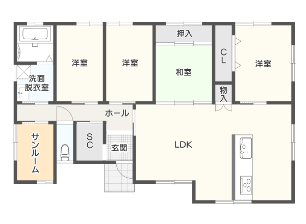 コンパクトでも明るい間仕切りを減らした間取り