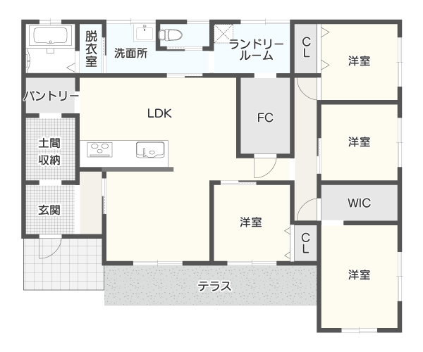 ランドリールームとファミリークローゼットで家事負担を抑えた間取り