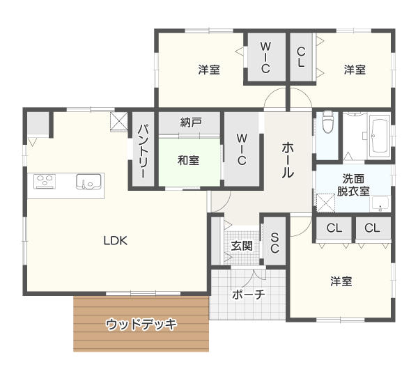 LDKと個室を分けプライバシーを確保した南玄関の間取り