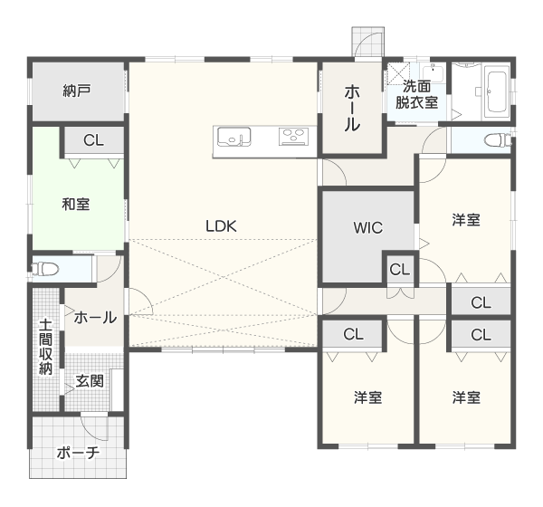 吹き抜けと南側の大きな窓で明るいコの字型の間取り