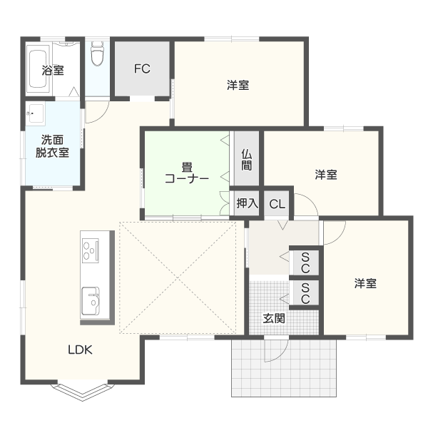 【完全共有型】バリアフリーが行き届いた平屋の二世帯住宅間取り