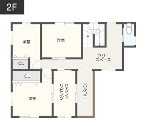 【部分共有型】上下で生活空間を分けた35坪の二世帯住宅間取り2F