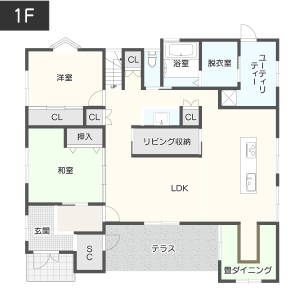 【完全共有型】子世帯空間にミニキッチンを設けた二世帯住宅間取り1階