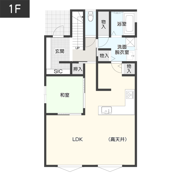 高天井で開放感がある大空間リビングが魅力の間取り_1F