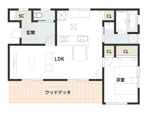ウッドデッキから気持ちのいい光が差し込む1LDKの平屋間取り