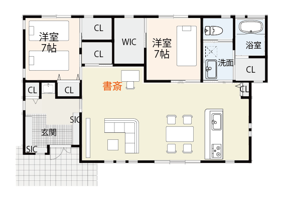 LDKの一角を書斎にした間取り例　家事をしながらのテレワークに