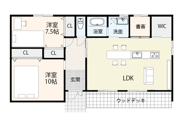 【30坪台】平屋の暮らしの真ん中にアイランドキッチンがある間取り