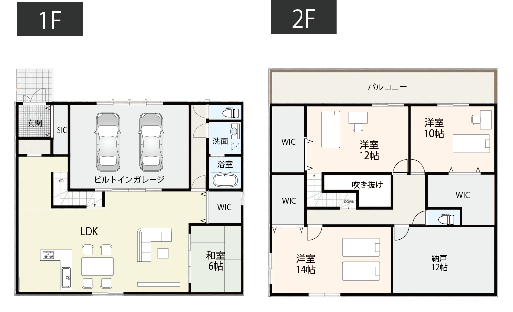 【50坪台】リビングからガレージが見える間取り例