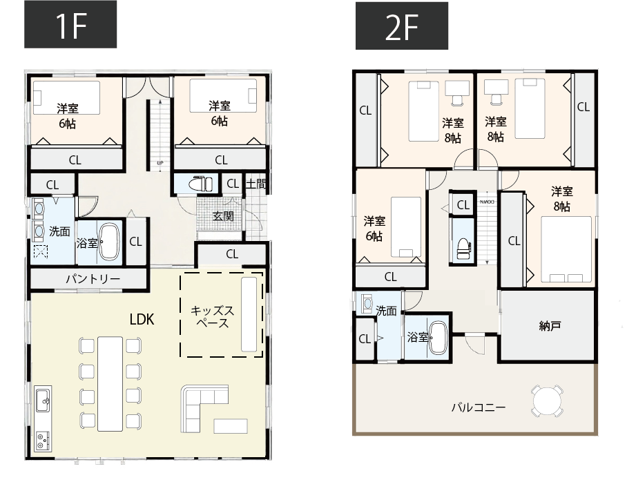 【50坪台】キッチンから見守れるキッズスペースがある間取り例