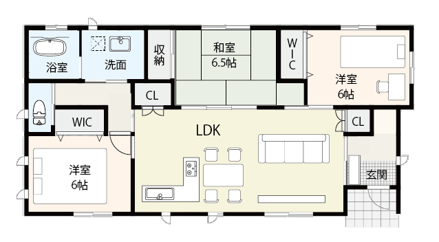 ファミリー向けの「I型」平屋間取り(3LDK・25坪)