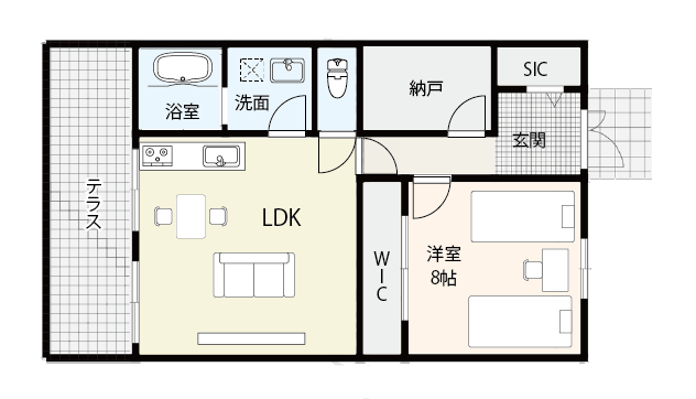一人暮らし・二人暮らし向けの小さな「I型」平屋間取り(1LDK・20坪)