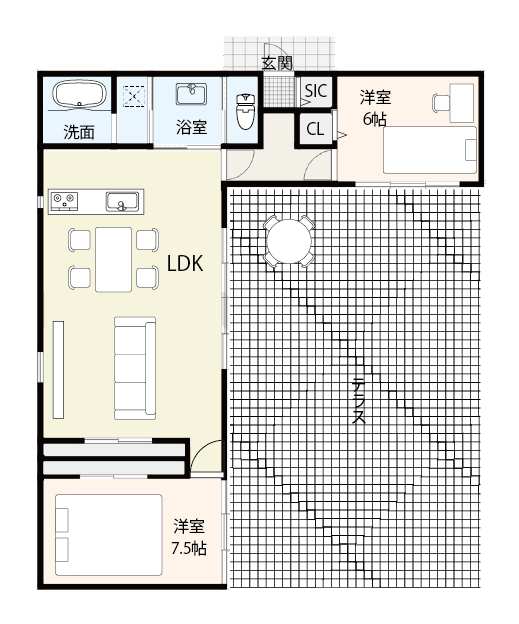テラス・庭を楽しむ「L字型」平屋間取り(2LDK・25坪)