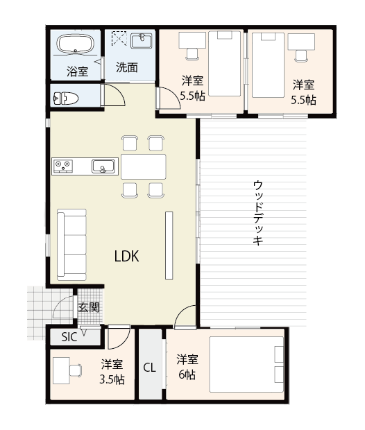 ウッドデッキのある「コの字型」平屋間取り(4LDK・30坪)