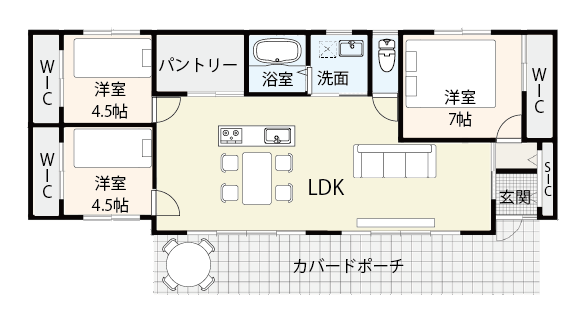 ウッドデッキで外を楽しむことができる間取り例