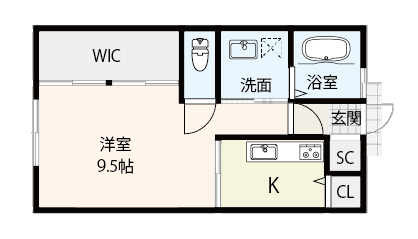 平屋1Kの間取り